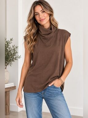Nation LTD Sleeveless Turtleneck Sweater Tank - Brown XL